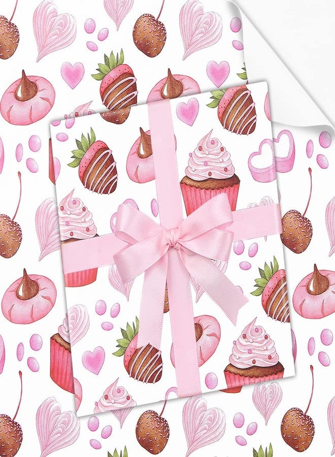 Boerni Cupcake Strawberry Doughnuts Heart Printed Gift Wrapping Paper, Sweet Dessert Birthday Gfit Wrap Paper Folded Flat with 1 Roll Pink Ribbon for Baby Shower Party Holiday Kids Girls Boys Gift Wrap Set - Image 1